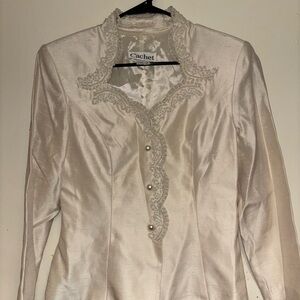Cachet Cream Satin Blazer with Pearl Accents